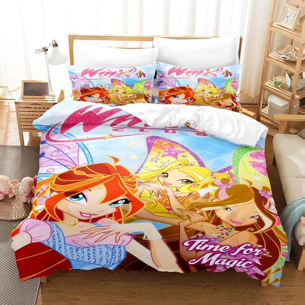 Winx Bettwäsche-Set, Einzelbett, Doppelbett, Queen-Size-Bett, King-Size-Bett, Bettbezug-Set für Erwachsene und Mädchen, Schlafzimmer, 3D-Druck, Anime, Kawaii US Queen 228x228cm