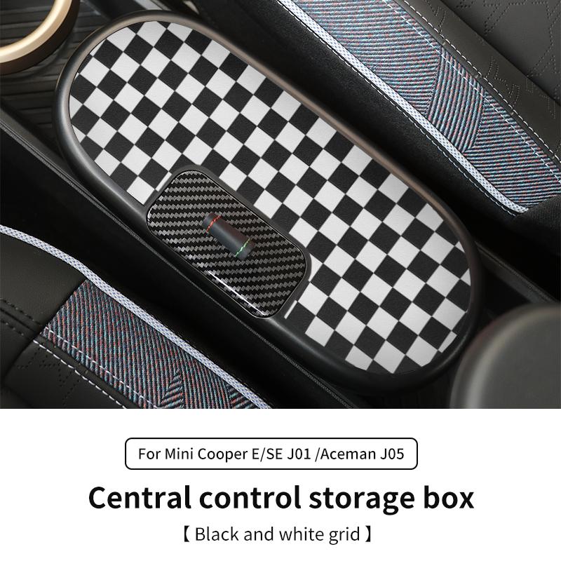Zentrale Aufbewahrungsbox für BMW Mini Cooper E/SE J01 J05 Aceman 2024 2025 Zentrale Armlehnen-Aufbewahrungsbox Autozubehör Black and white grid
