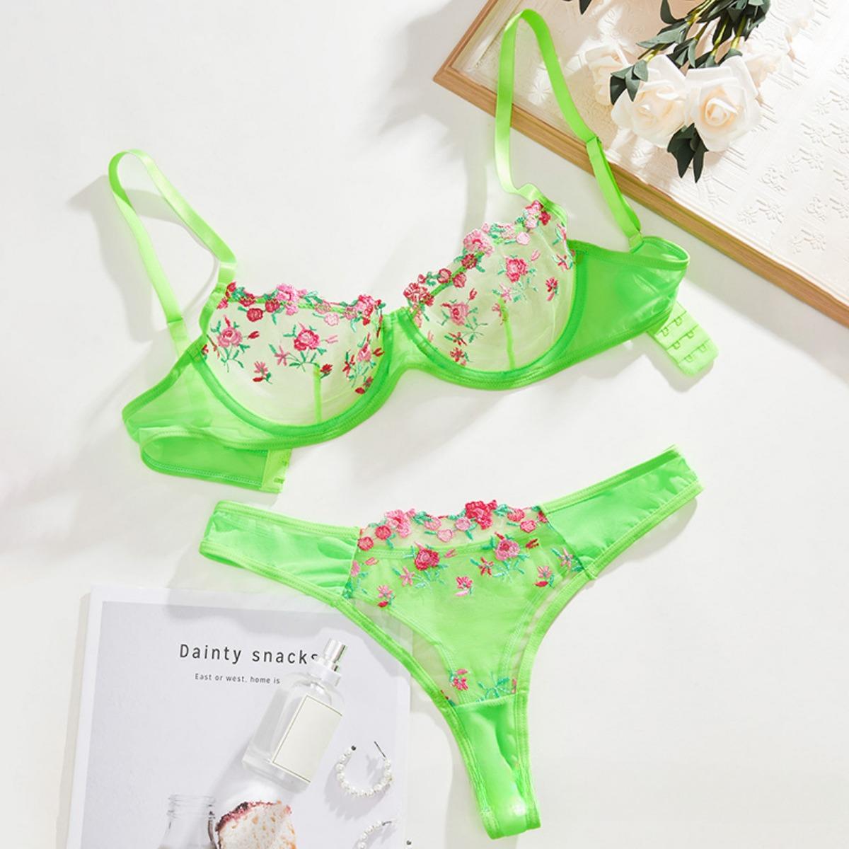 Süßes und sexy Low-Rise-Spitzen-Erotik-Unterwäsche-Set Mesh-Damenunterwäsche Dreipunktmilch S fluoreszierende grün