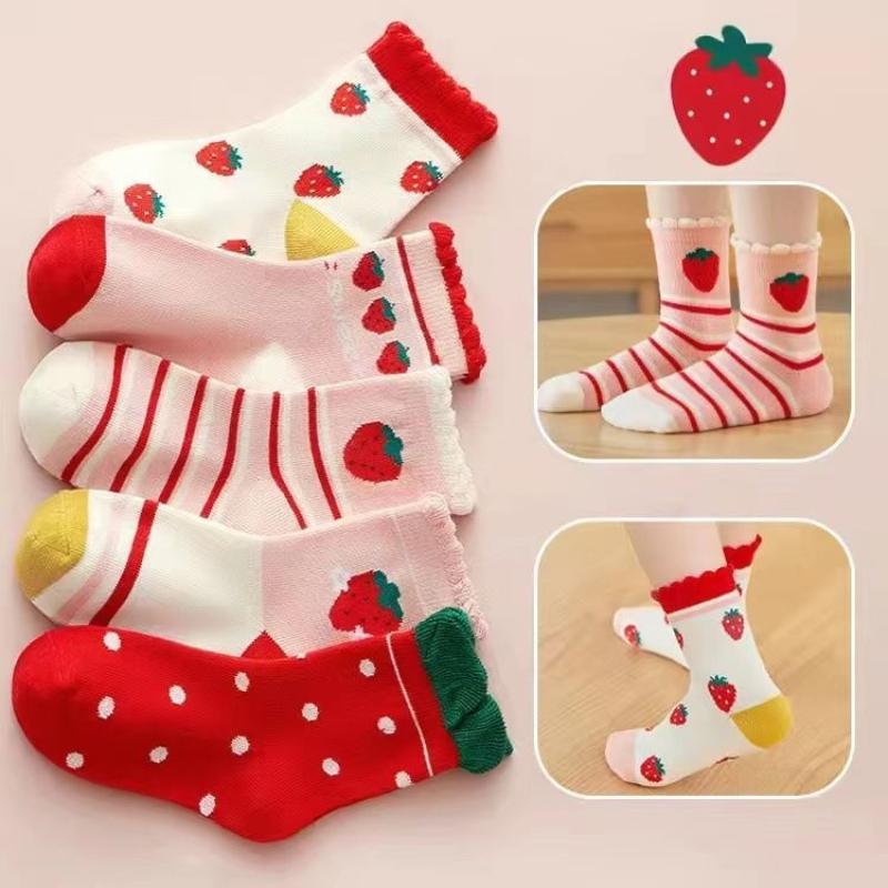 5 Paare/los Kinder Weiche Baumwolle Socken Koreanische Liebe Herz Blume Druck Baby Mädchen Socken Frühling Sommer Warme Kinder Mittel Rohr socken L(9-13Y) rot