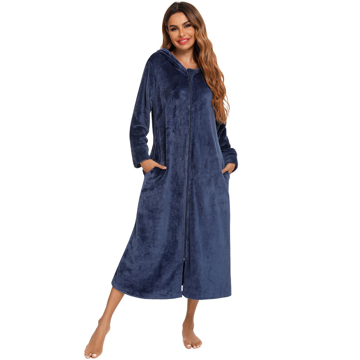 Damen-Bademantel aus Plüsch-Fleece mit Reißverschluss und Kapuze, warmer langer Bademantel, Morgenmantel, gemütlicher Winter-Reißverschluss, Liege-Nachtwäsche, Hausmantel, Loungewear-Nachthemd L navy blau