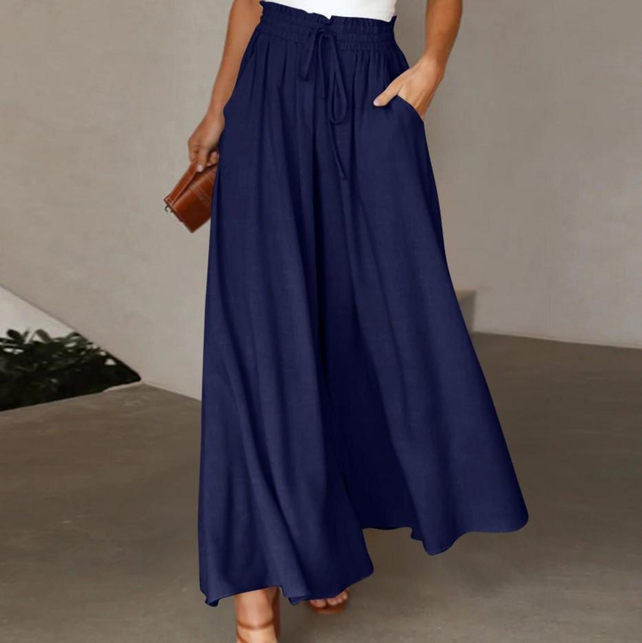 Damen Weitbeinige Hosen Sommer Culottes Elastischer Hoher Bund Fließende Palazzo-Hosen Locker Ausgestellte Hosen mit Taschen XXL dunkelblau