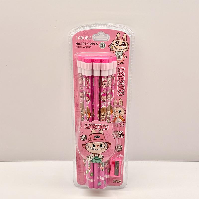 Set mit 12 Cartoon Labubu Bleistiften mit Radiergummi und Anspitzer, Studentenbleistifte zum Schreiben und Zeichnen, Studenten-Schreibwaren, Schulsachen HB rosa