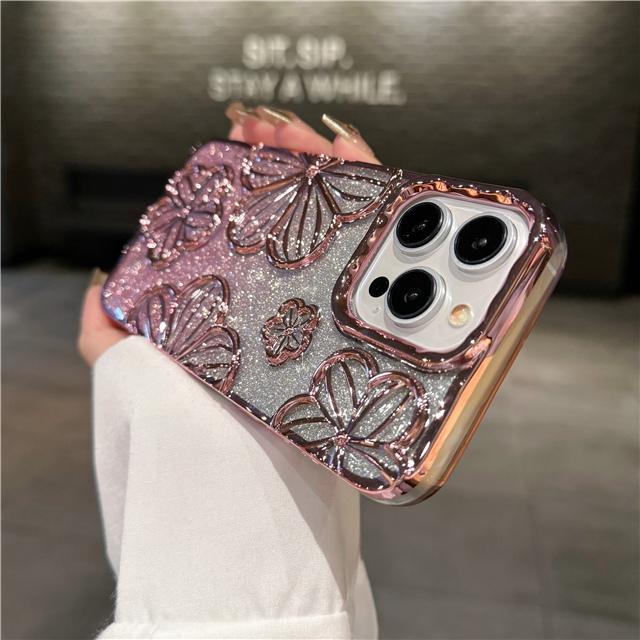 Für iPhone 16 Pro Max Luxus Flash Glitzer Blumen Beschichtung Rahmen Handyhülle Für iPhone 11 12 13 14 15 Plus Weiche Schutzhülle iPhone 15 Plus