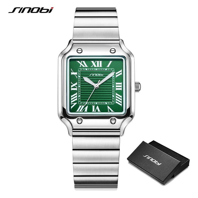 SINOBI Casual Design Herren Quarzuhren Mode Edelstahl Herren Armbanduhren Business Square Clock grün