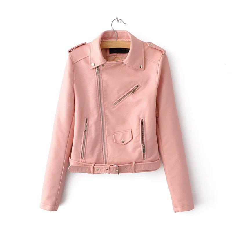 Mode schlanke Leder Damen kurze Jacke Pu Jacke Motorradjacke für Frauen XXXL rosa