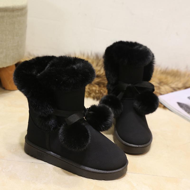 Warme Pelz Frauen Schnee Stiefel Nette Wildleder Winter Schuhe Pelz Ball Mid-Kalb Stiefel Weibliche Mode Stiefel Nicht-slip Schnee Casual 35 schwarz