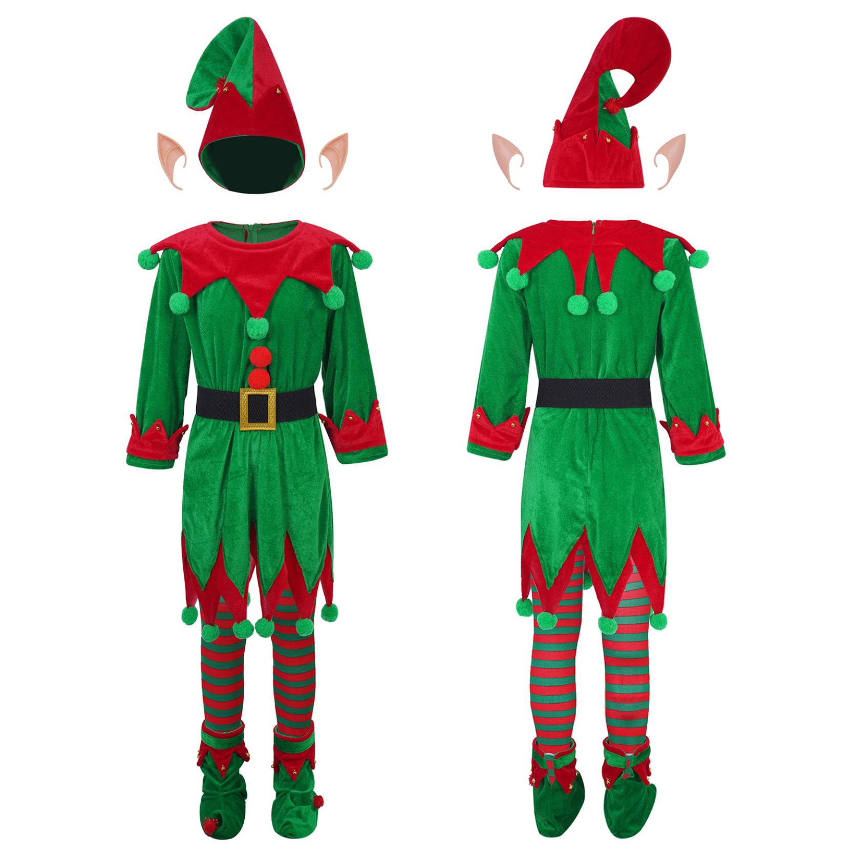 Weihnachten Kinder Elfenkostüm Weihnachten Weihnachtsmann Helfer Ausgefallenes Outfit für Jungen Mädchen 6-teiliges Weihnachtsoutfit-Set 3-4 Years