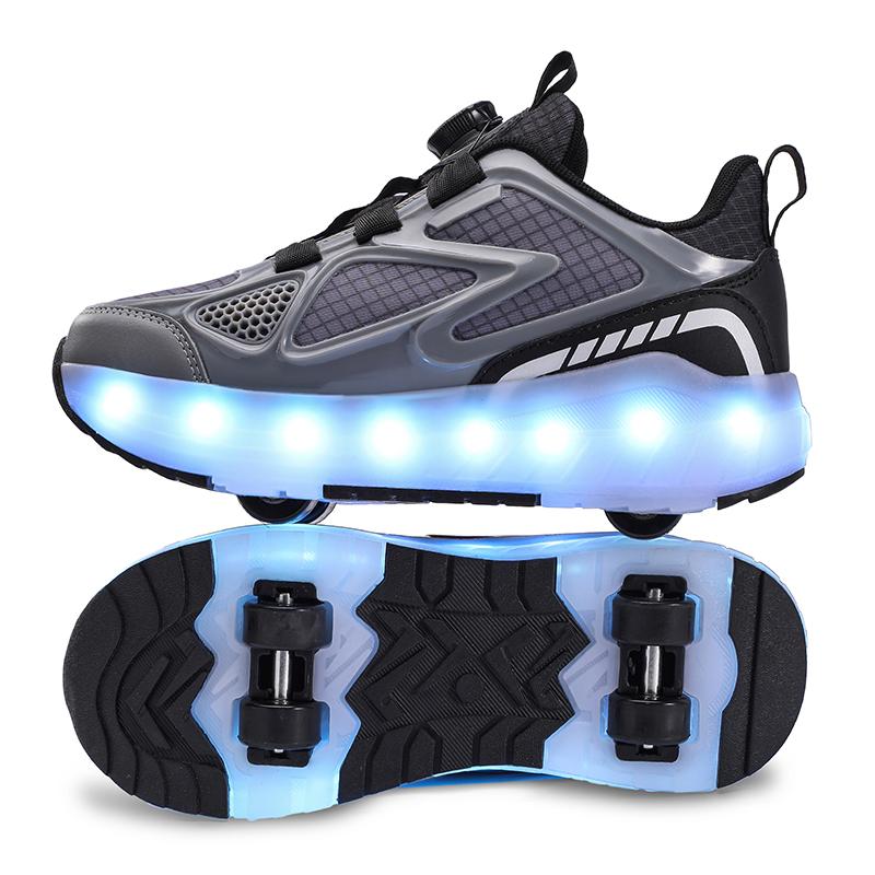 Sommer Heelys Schuhe Mädchen Mesh Atmungsaktiv Rollschuhe Studentinnen Vierrad Wiederaufladbar LED Sportschuhe Jungen Leuchtende Sportschuhe 34 graue/schwarz