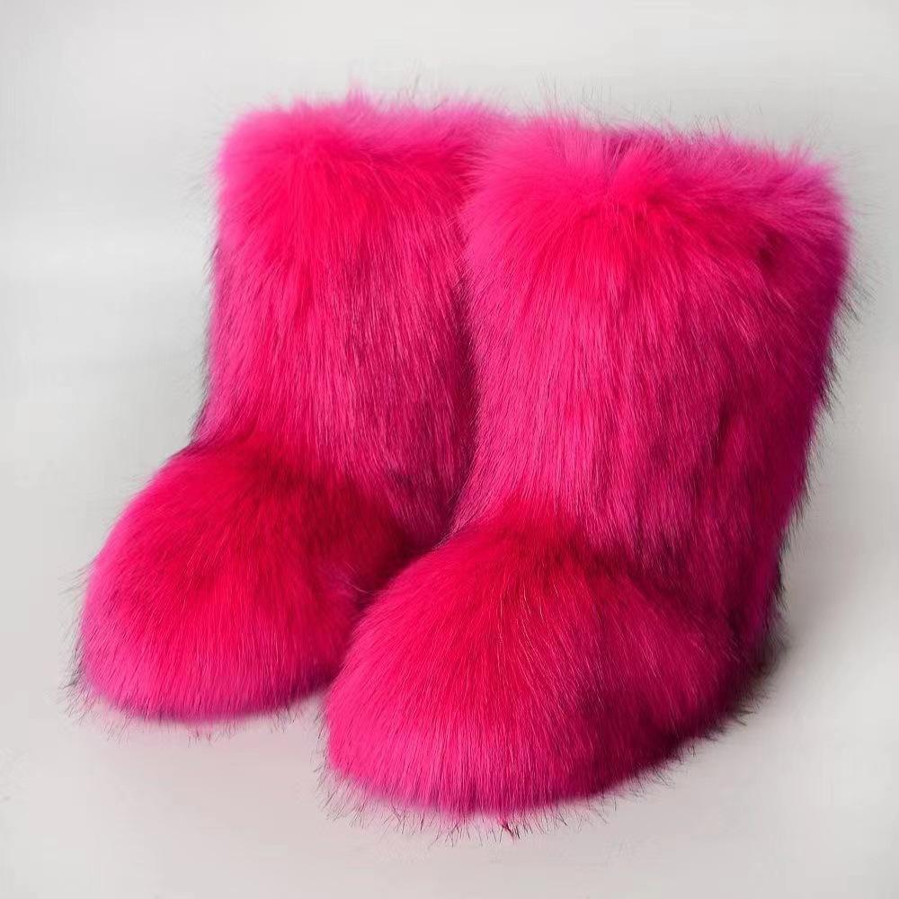 Winter Frauen Flauschigen Faux Fuchs Pelz Stiefel Frau Plüsch Warme Schnee Stiefel Luxus Schuhe Mädchen Furry Pelz Bottes Mode Winter schuh 41 rose rot