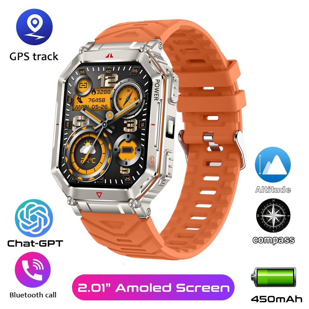 Militärische Smartwatch für Herren mit GPS-Kompass GPT Sprachassistent Smartwatch mit LED-Taschenlampe Bluetooth-Anruf Fitness-Tracker für Android & iOS