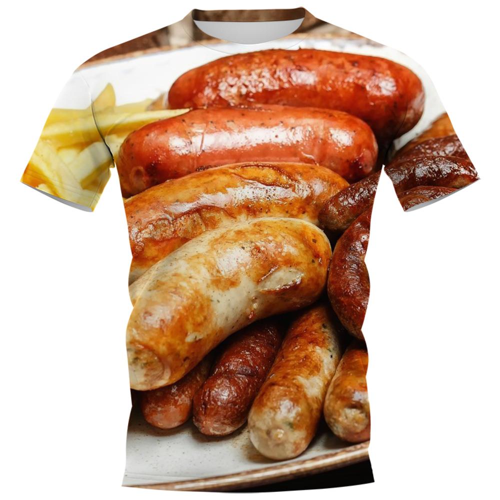 HX Yummy Food T-Shirts 3D-Grafik Delikatesse Gegrillte Würstchen Pullover Polyester Alle bedruckten T-Shirts Harajuku Herrenbekleidung XXXL schwarz