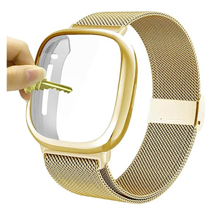 Mailänder Armband für Fitbit Versa 4 3 2 Lite Band mit TPU-Hülle Displayschutz Bumper für Metallarmband für fitbit Sense2 Uhr fitbit versa 2 gold