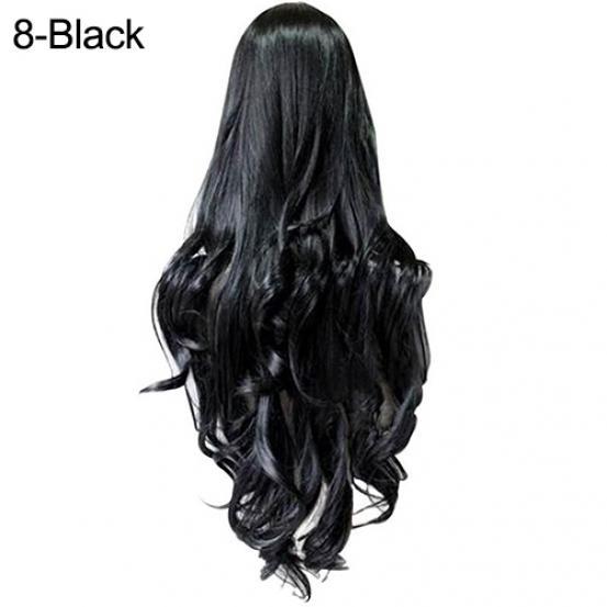 Frauen lange lockige große wellige Haare beliebte bunte coole Perma-lange Cosplay Perücke schwarz