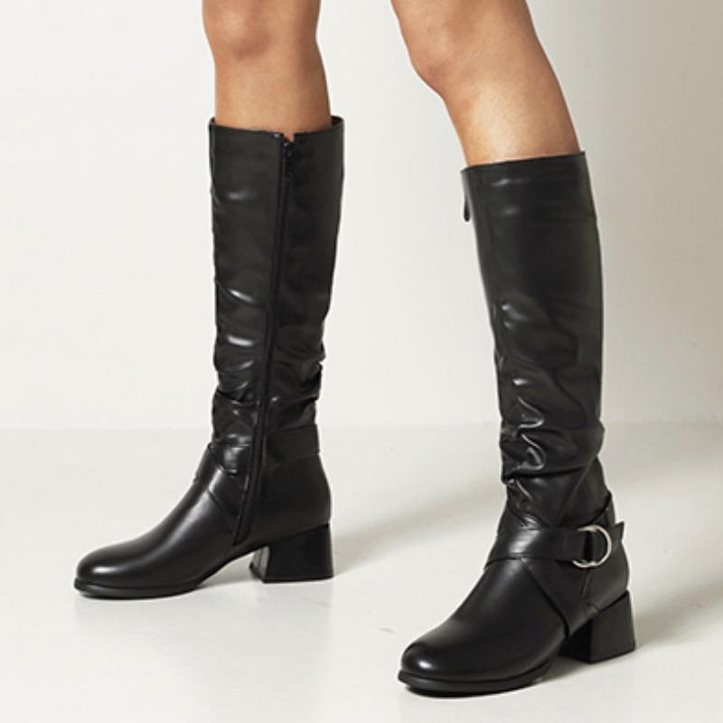Damen Neue Heiße Verkauf Über Knie Hohe Stiefel Schnalle Runde Kappe Hohe Stiefel Frauen Plissee Niedrigen Absatz Casual Leder Winter Frauen stiefel 34 schwarz