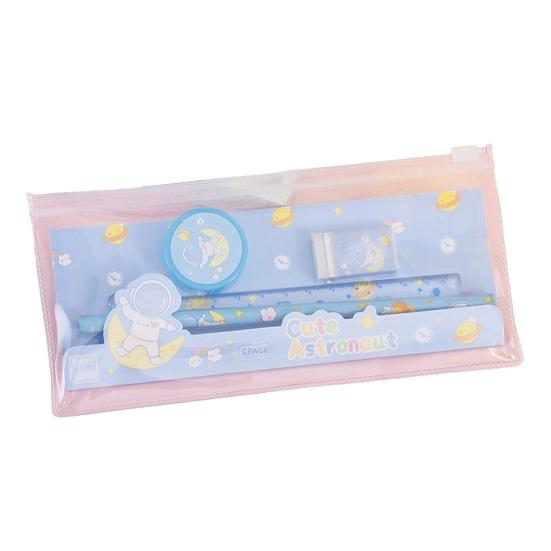 6 Stück/Set Kinder Zeichentrick Schreibwaren-Set mit 2 Bleistiften Radiergummi Spitzer Lineal Transparente Hülle Schüler Schulbedarf Klassenzimmer Preise Geschenke blau