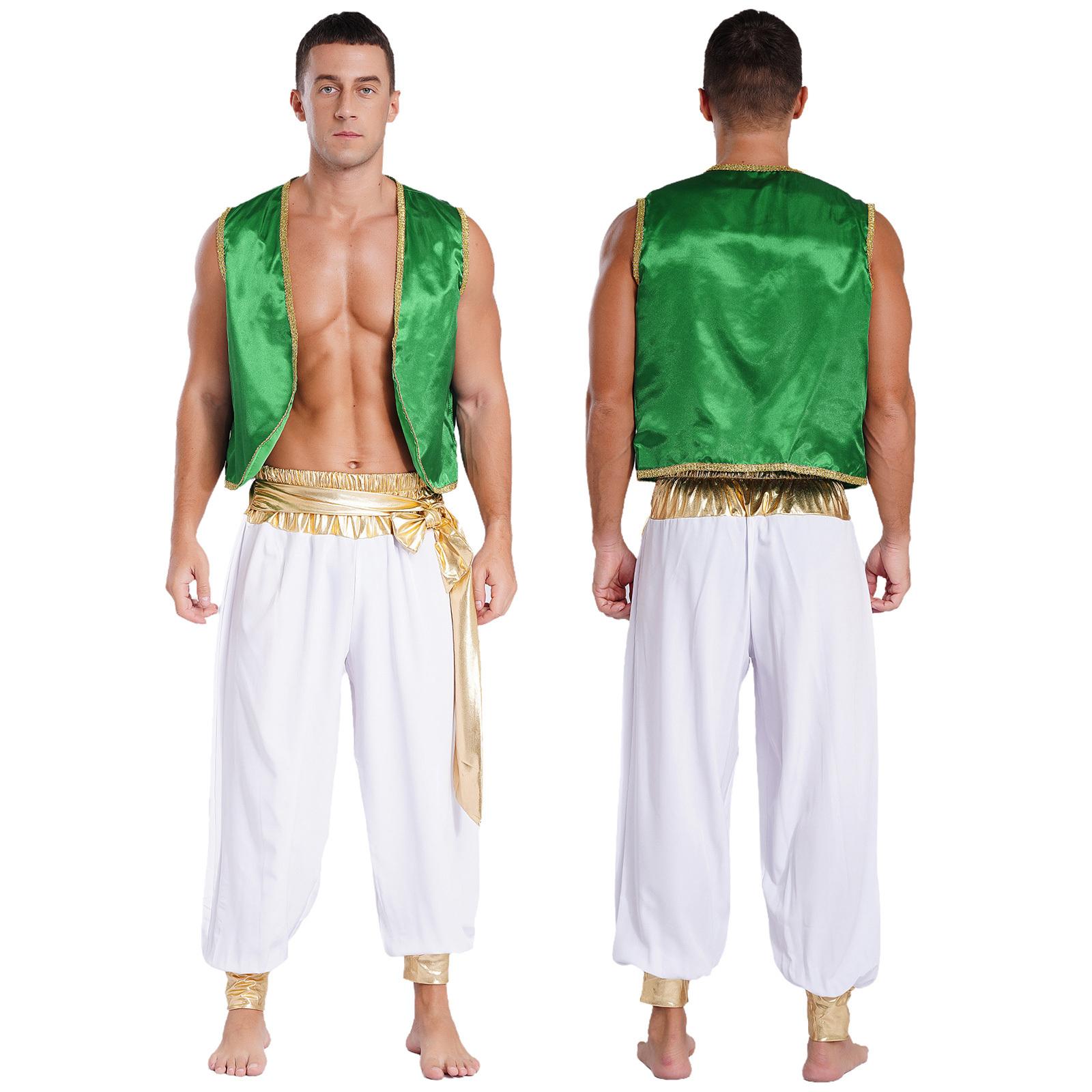 Herren 2-teiliges arabisches Prinzenkostüm, Outfit, Anzüge, Halloween, Karneval, Cosplay, Partykostüme XXL weiß/grün