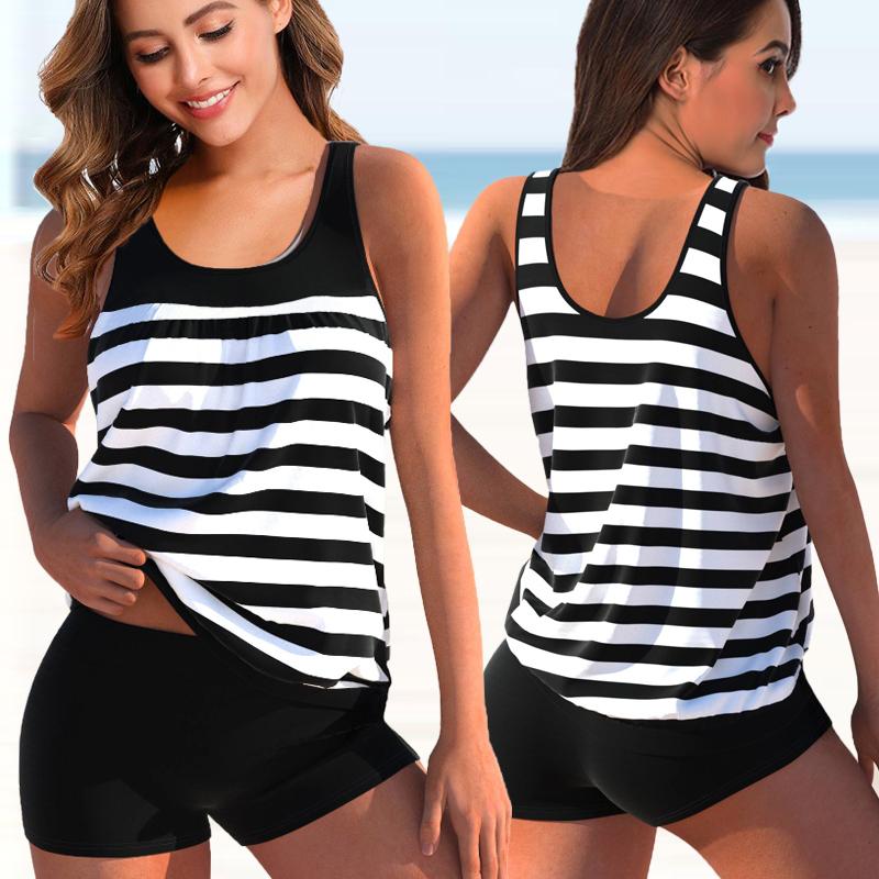 Neue 2023 Frauen Sexy Badeanzug Stripde Gedruckt Schwimmen Tankini Monokini Bademode Badeanzug Zwei Stücke Sommer Beachwear XL schwarz