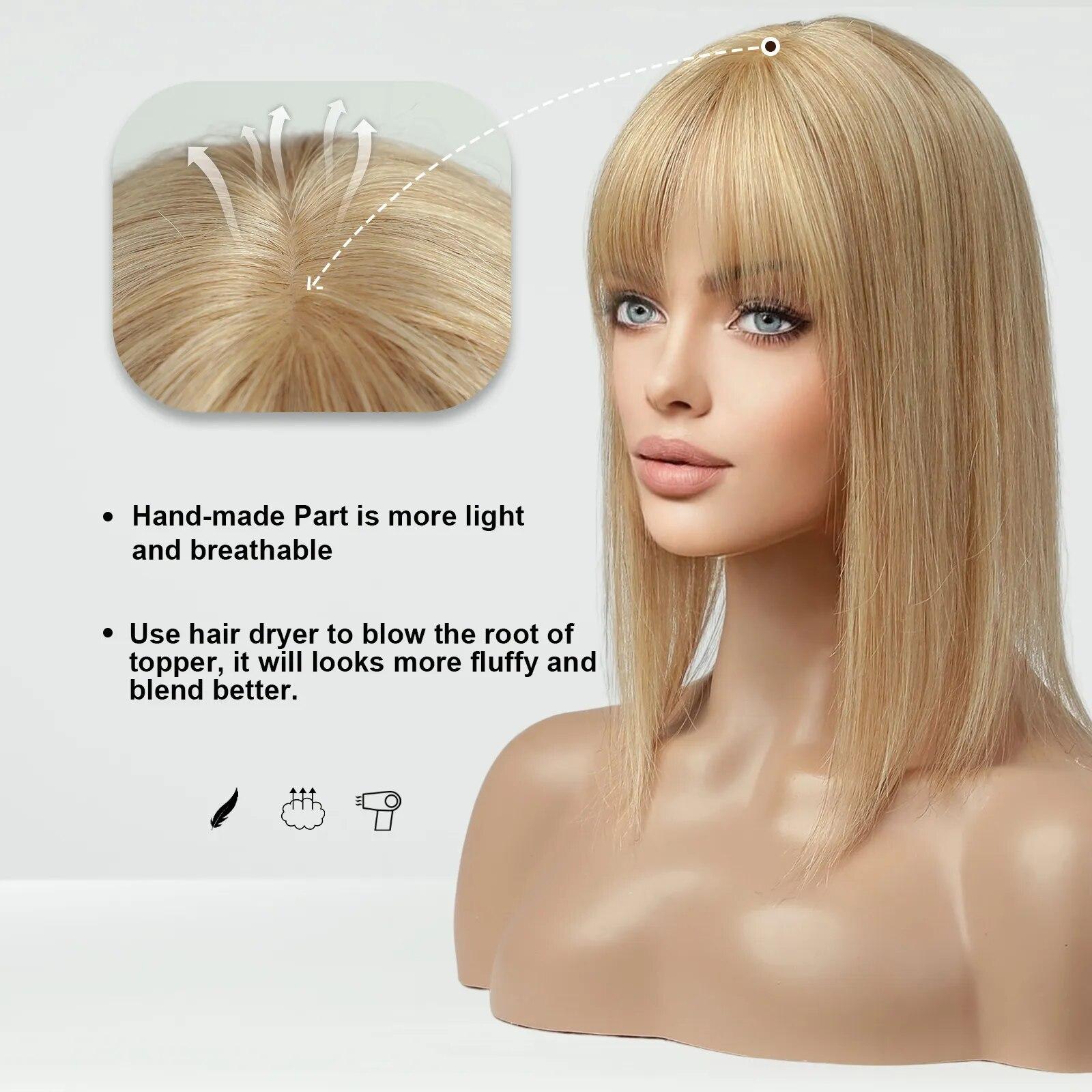 HAIRCUBE 100 % Remy-Echthaar-Topper für Frauen, honigblondes Echthaar-Stück mit Pony, 150 % Dichte, Seidenbasis, Clip-in-Topper