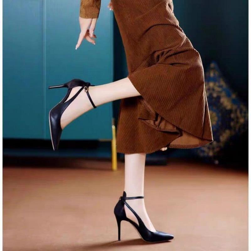 Damenschuhe Neue flache High Heels für Damen Mode Schnallenriemen Party Pumps Damen Sexy SpitzschuhPlus Size Heels Damen 39 schwarz