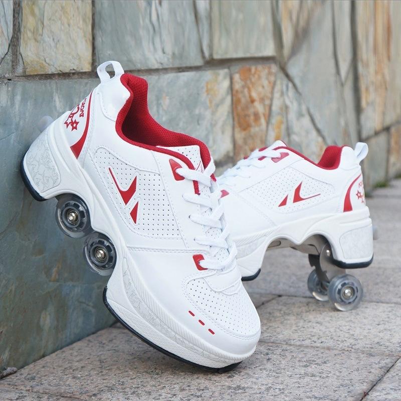 Rollen-Sneaker mit Doppelrädern, für Jungen und Mädchen, Rollschuhe, Rollschuhe, Verformungsschuhe, Rollschuhschuhe 41 weiß/rot