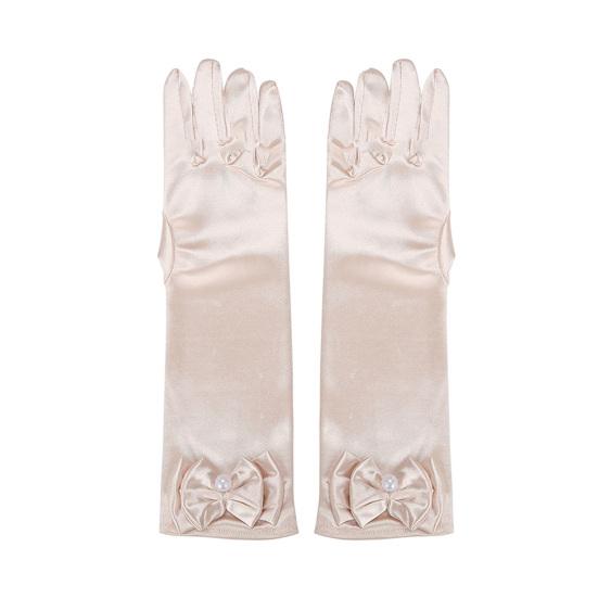 1 Paar Kinder-Performance-Handschuhe, Kunstperlen-Bogen-Dekor, einfarbig, volle Finger, Satin, Blumenmädchen-Handschuhe, Prinzessinnen-Stil, Cosplay-Handschuhe champagner