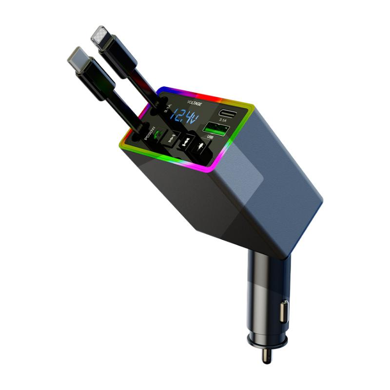 Auto Bluetooth MP3 Transmitter - 4-in-1 Schnellladekabel mit Einzug, Autoladegerät mit eingebautem Media Player für iPhone & Android-Handys