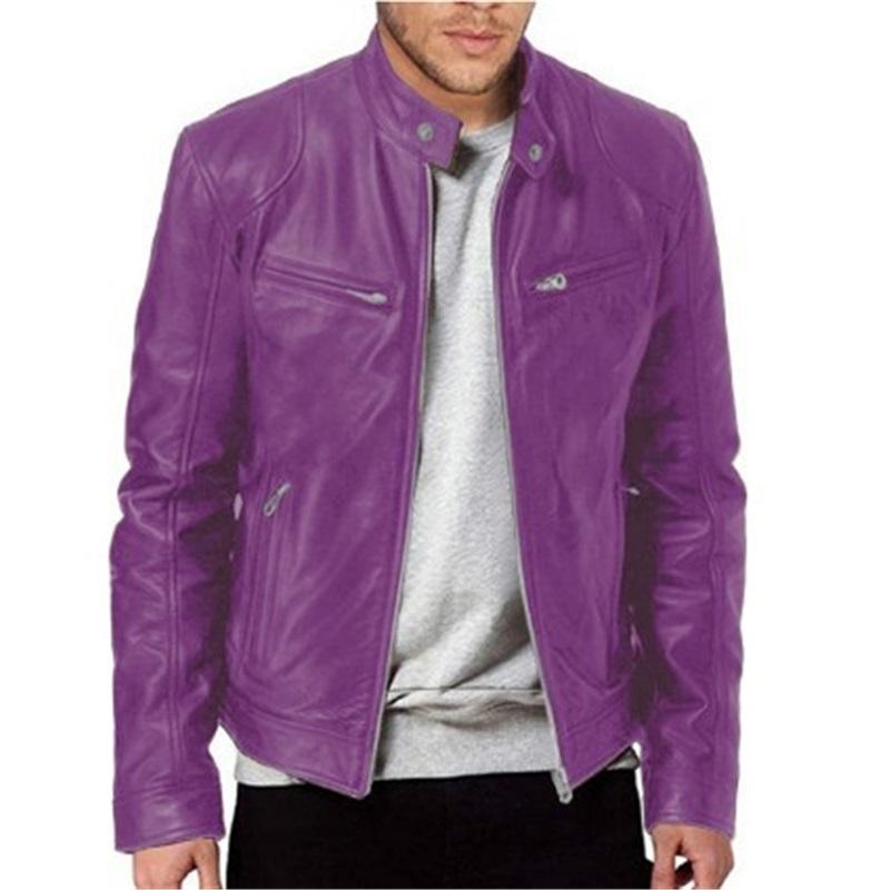 Herren Lederjacke Herren Jugend Stehkragen Punk Herren Biker Lederjacke mit Logo 5XL violett