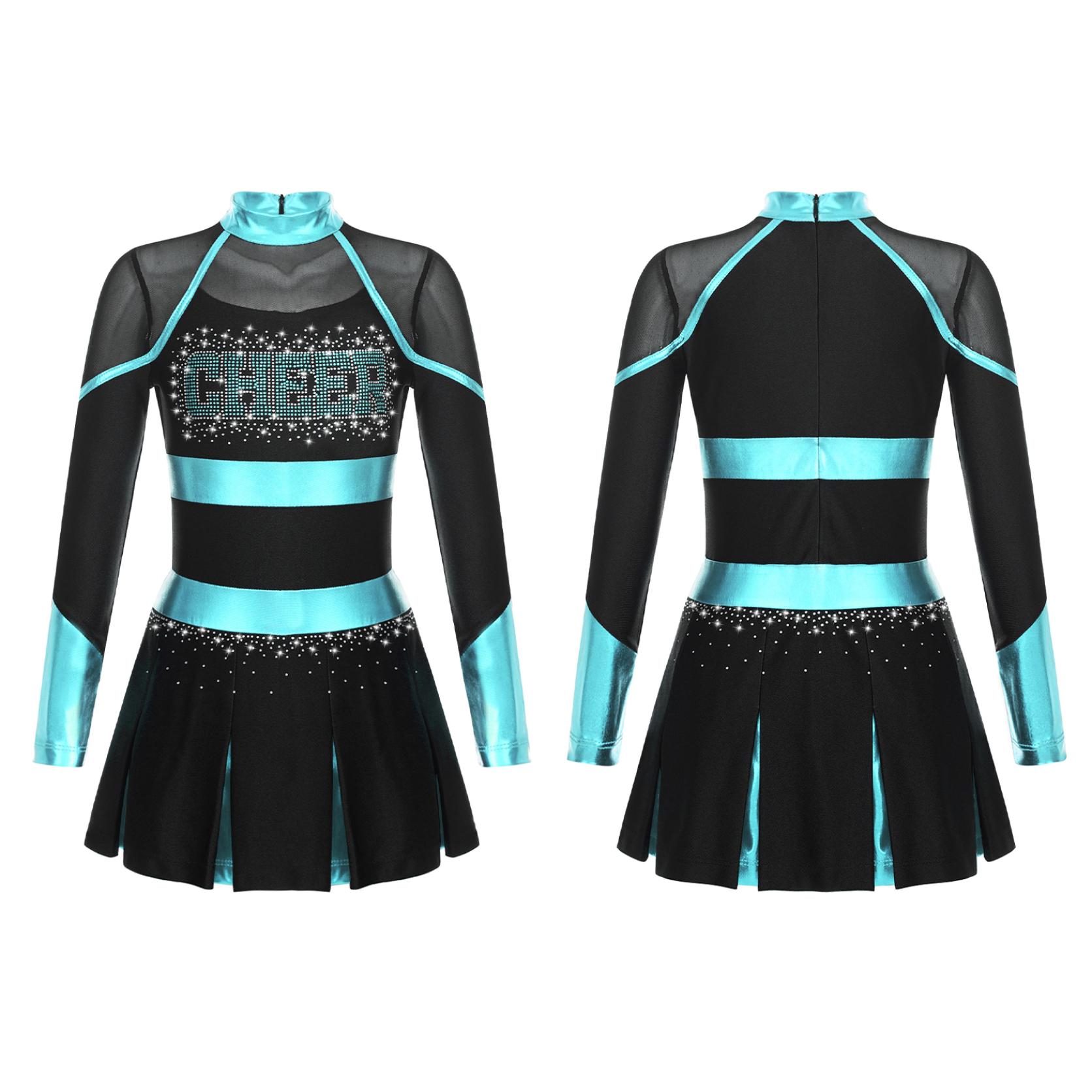 Mädchen Langarm Cheerleading Uniform Tanzkleid Karneval Dancewear Kinder Cheerleading Tanzkleid 7-8 Years schwarz/blau