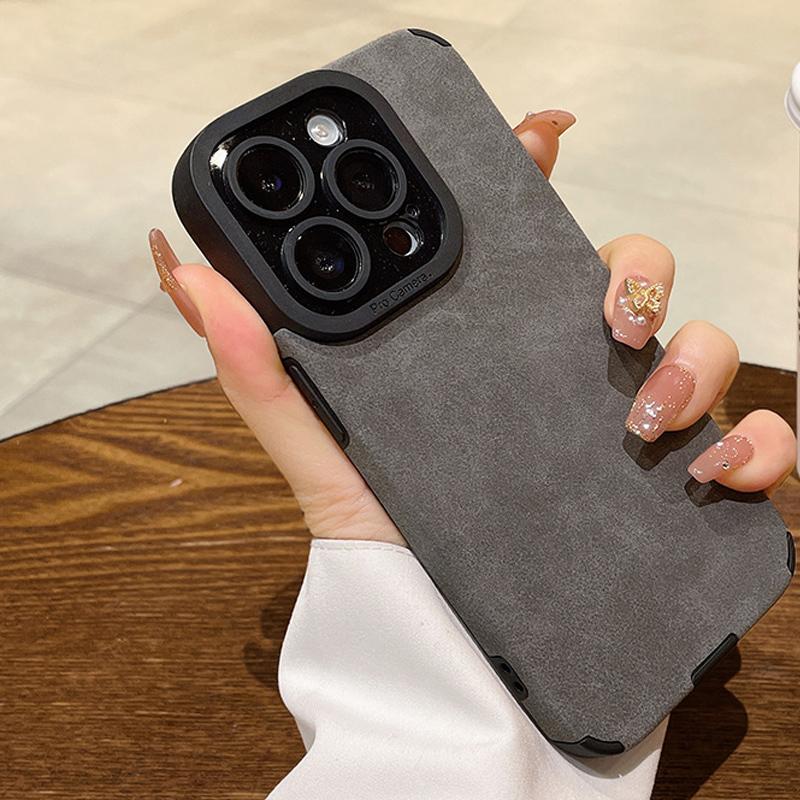 Luxuriöse Plüsch PU Plüschlederhülle Stoßfeste Schale Handy Vollständige Rückseite für iPhone iPhone 12 grau