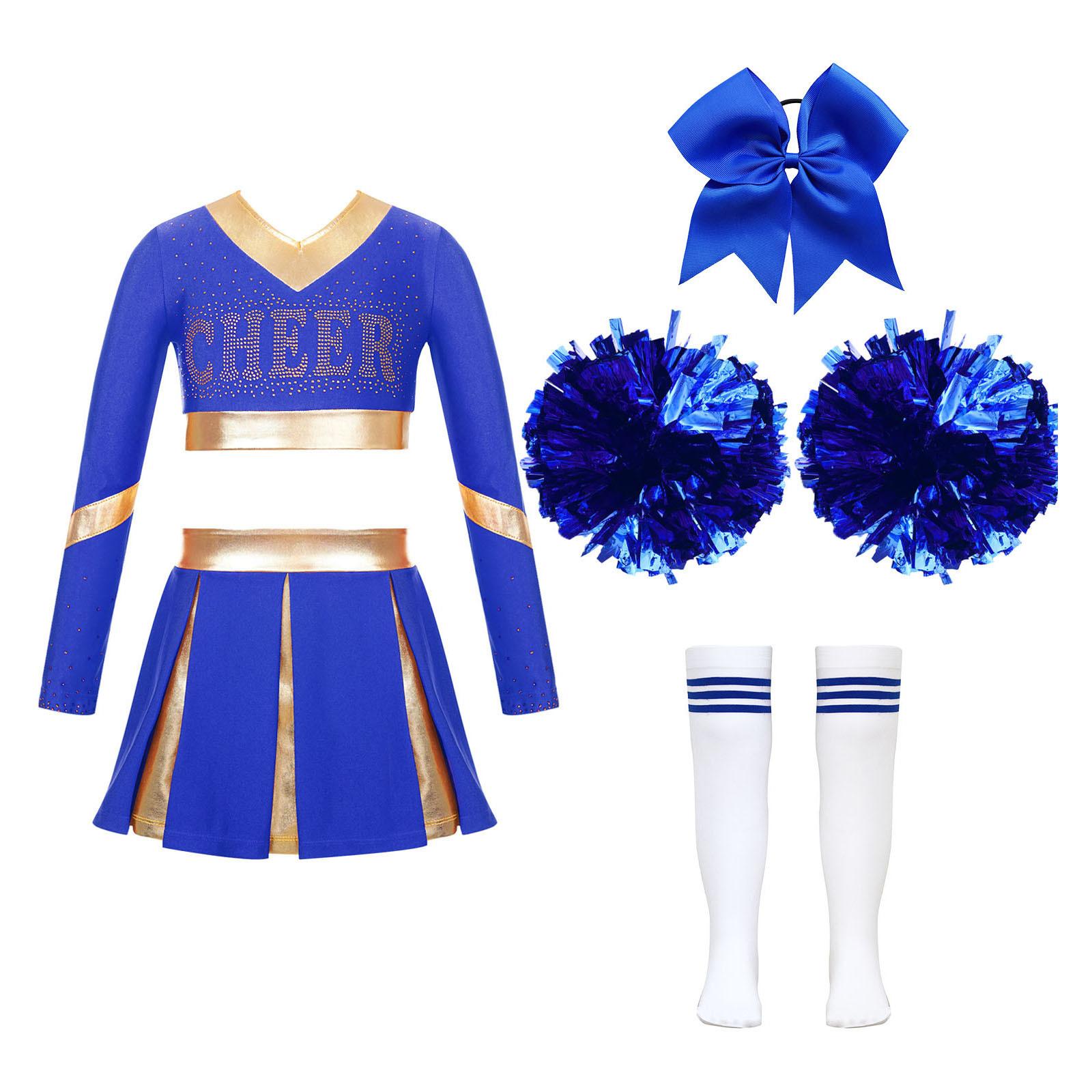 Cheerleading-Kostüm für Mädchen, langärmelig, bauchfreies Top mit Rock, Pompons, Socken, Halloween-Kostüm, Karnevalsparty-Outfits 5-6 Years blau