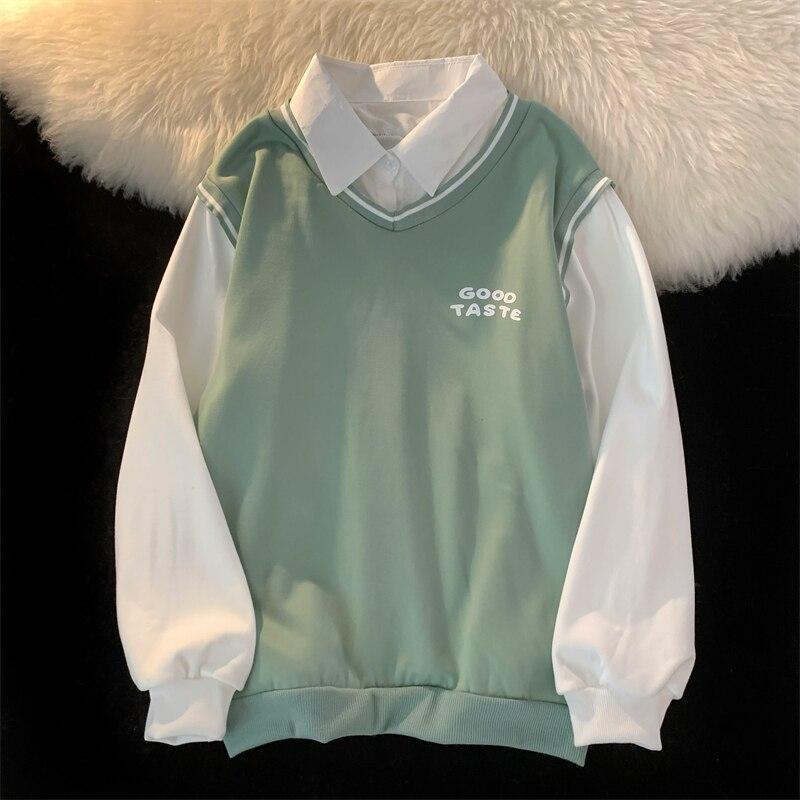 Harajuku Brief Drucken Patchwork Hoodies Frauen Kleidung Herbst Winter Fleece Sweatshirt Adrette Langarm Schwarz Weiß Grün Übergroßen Hoodie M grün