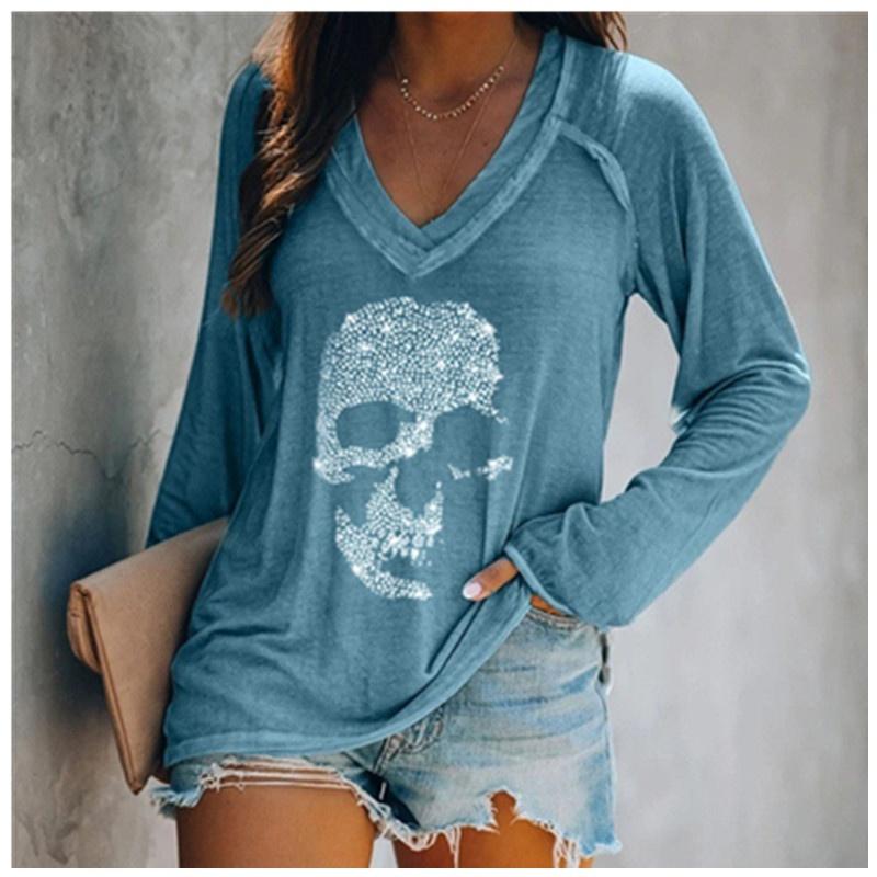 Lässige langärmelige Blusen, lockere T-Shirts, Totenkopf-bedruckte Tops, Damenmode, Herbst-Winter, V-Ausschnitt, Baumwollhemden 5XL blau