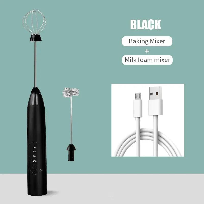 Elektrischer Milchschaumrührer, kabelloser Kaffee-Schneebesen, Hand-Schneebesen, Cappuccino-Schaumrührer, USB, tragbare Küchengeräte, Edelstahl-Aufschäumer schwarz