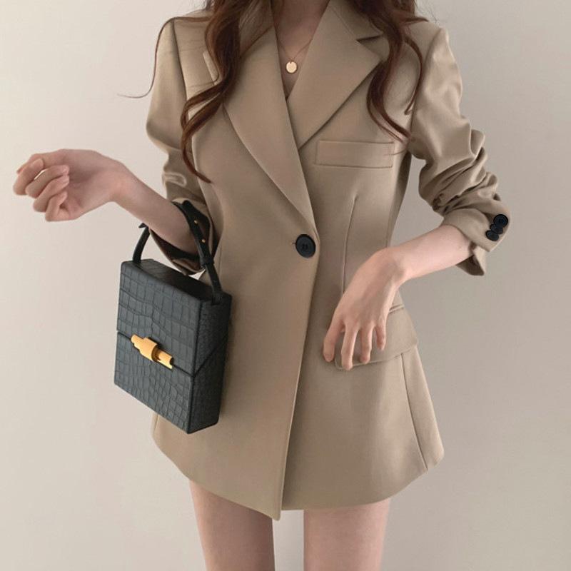 Frauen Blazer Anzug Chic Retro Koreanische Beiläufige Dünne Schwarz Khaki Rosa Business Blazer Anzug Jacke Weibliche 3XL khaki