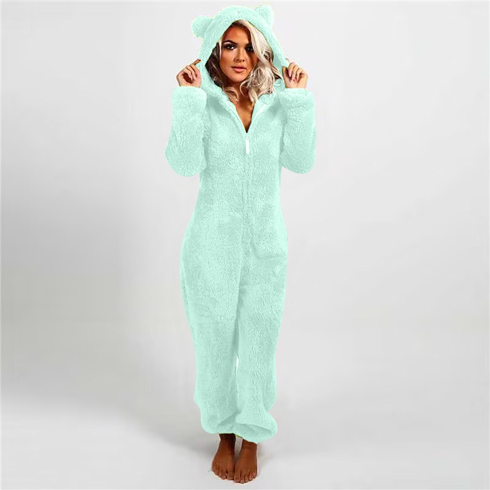 Modischer Onesies-Schlafanzug aus Fleece, Nachtwäsche, Overall, Übergröße, Kapuzen-Set, Schlafanzug für Damen und Erwachsene, für den Winter, warmer Pyjama für Damen XS hellgrüne