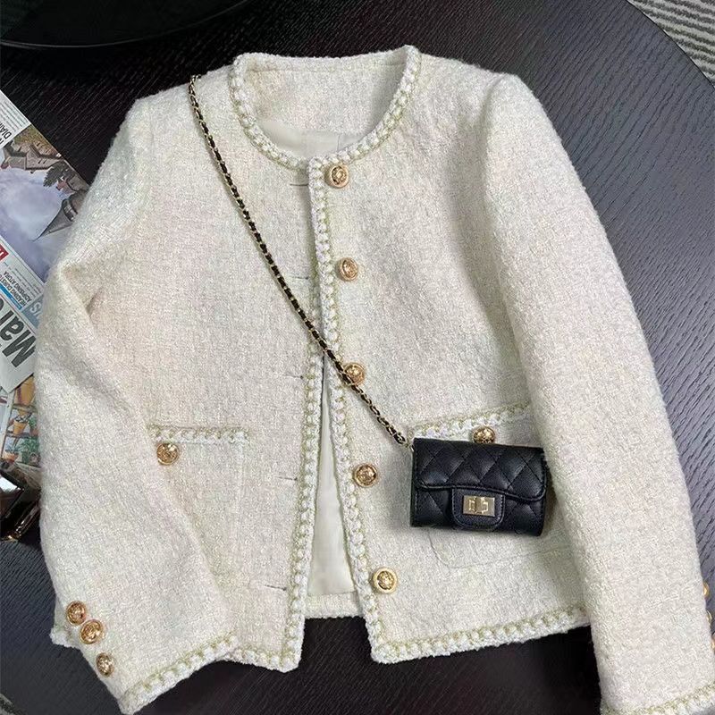 Frühling Herbst Damen Tweedjacke Rundhals Wollig Temperament Koreanischer Chic Kurzer Mantel Schicker Tweed-Blazer Oberbekleidung Blazer Damen XS off-weiße