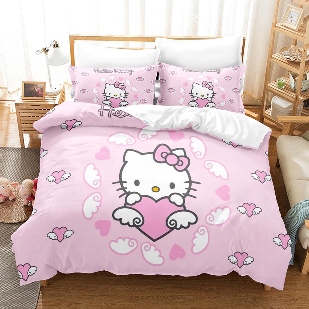 Hello Kitty Bettwäsche-Set Hello Kitty Bettwäsche-Set Cartoon Anime Bettbezug Kissenbezug Bett-Set Einzelbett Doppelbett Queen-Größe US Twin 173x218cm