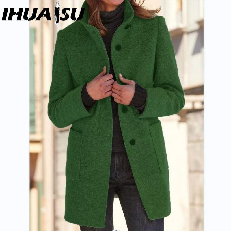 IHUASU Damen Vintage Casual Karomuster Herbst Winter Langarm POLO-Kragen Jacken & Mäntel S dunkelgrüne