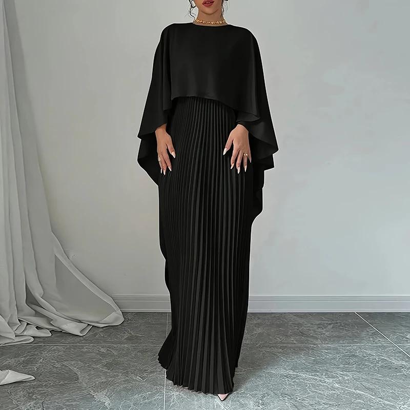 Damen Elegant Rundhals Unregelmäßiger Schal & Weste Plissee Kleider Herbst Einfarbig Mantel 2 Stück Set Lose Abendkleid Urlaub L schwarz