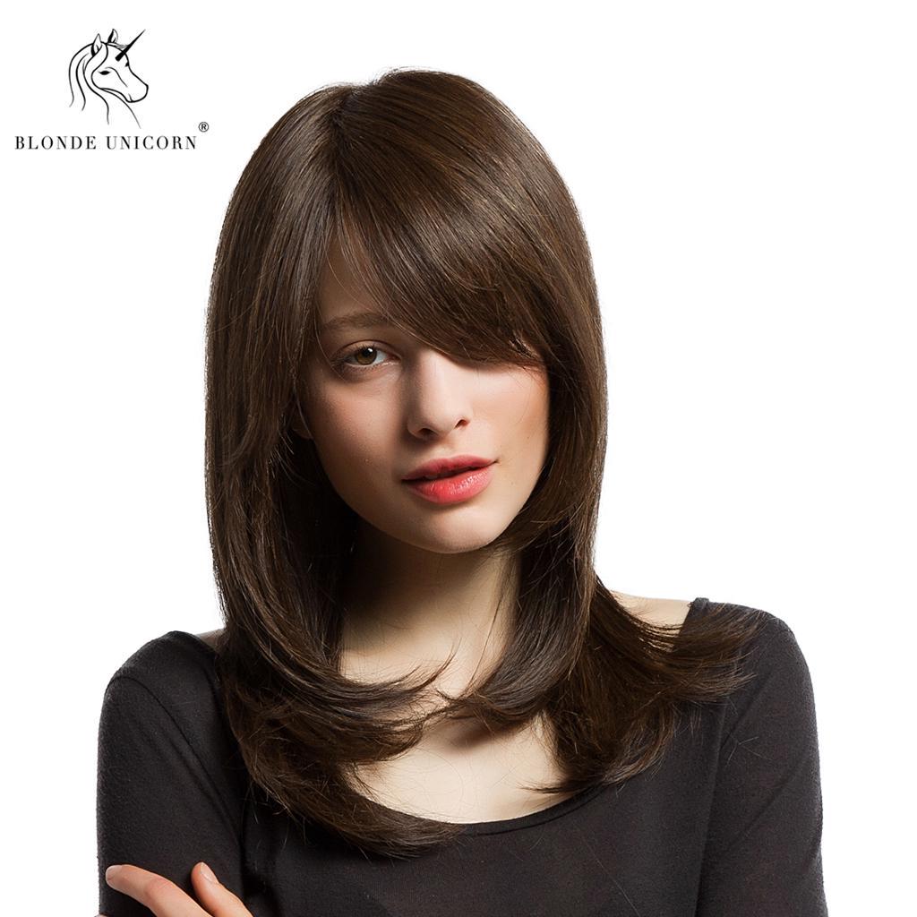 BLONDE UNICORN 20 Zoll mittlere dunkelbraune gerade synthetische Perücken mit Pony für weiß-schwarze Frauen Cosplay Alltagsgebrauch Naturhaarperücke braun