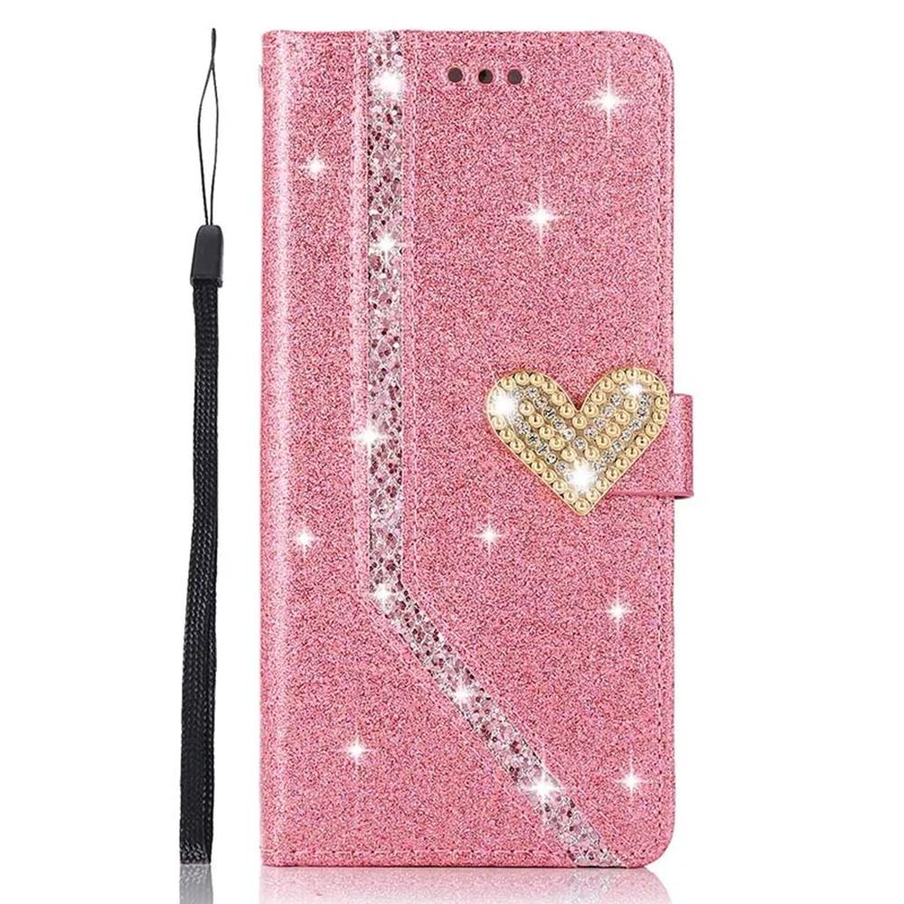 Luxus Bling Diamond PU Leder Flip Case Strass 3D Love Heart Glitzer Wallet Cover für iPhone Samsung Huawei Huawei P30 Pro rosa