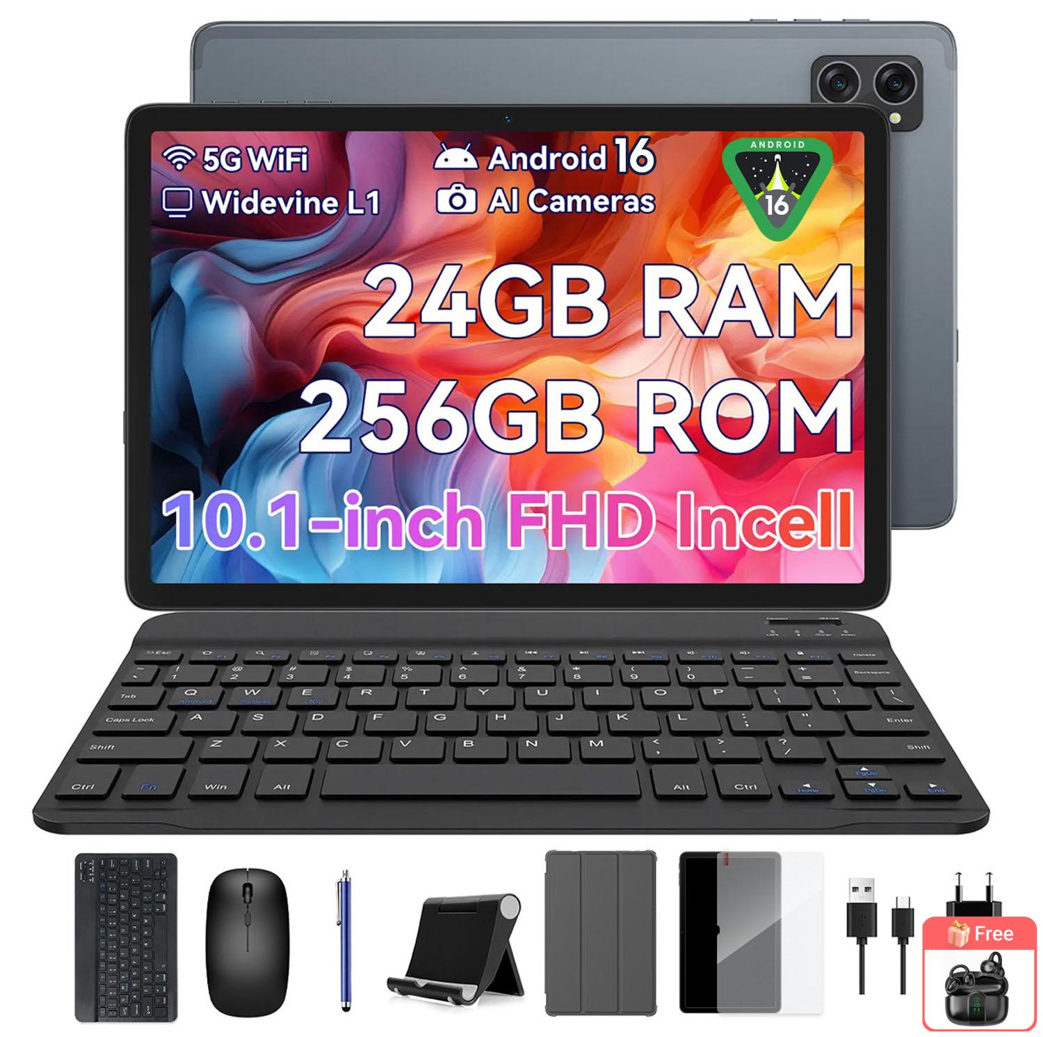 TABWEE T20 Android 16 24GB RAM 256GB ROM Tablet 10 Zoll 1280x 800 FHD FHD Display Octa Core T606 PC Tablet mit Tastatur with 1*AIRBUDS15-BLACK grau