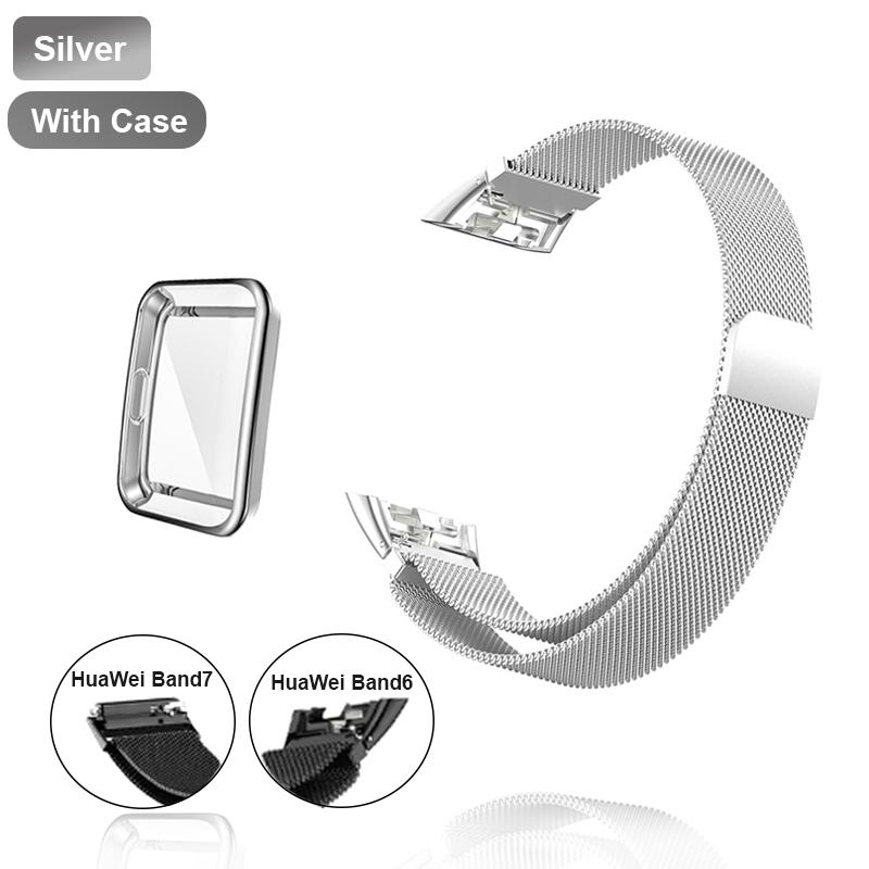 Metall-Uhrenarmband für Huawei Band 6, 7, Band, Honor 6, Armband mit TPU-Hülle, Displayschutzfolie, weicher Film, Huawei Magnetschlaufenband For Huawei Band 6 silber