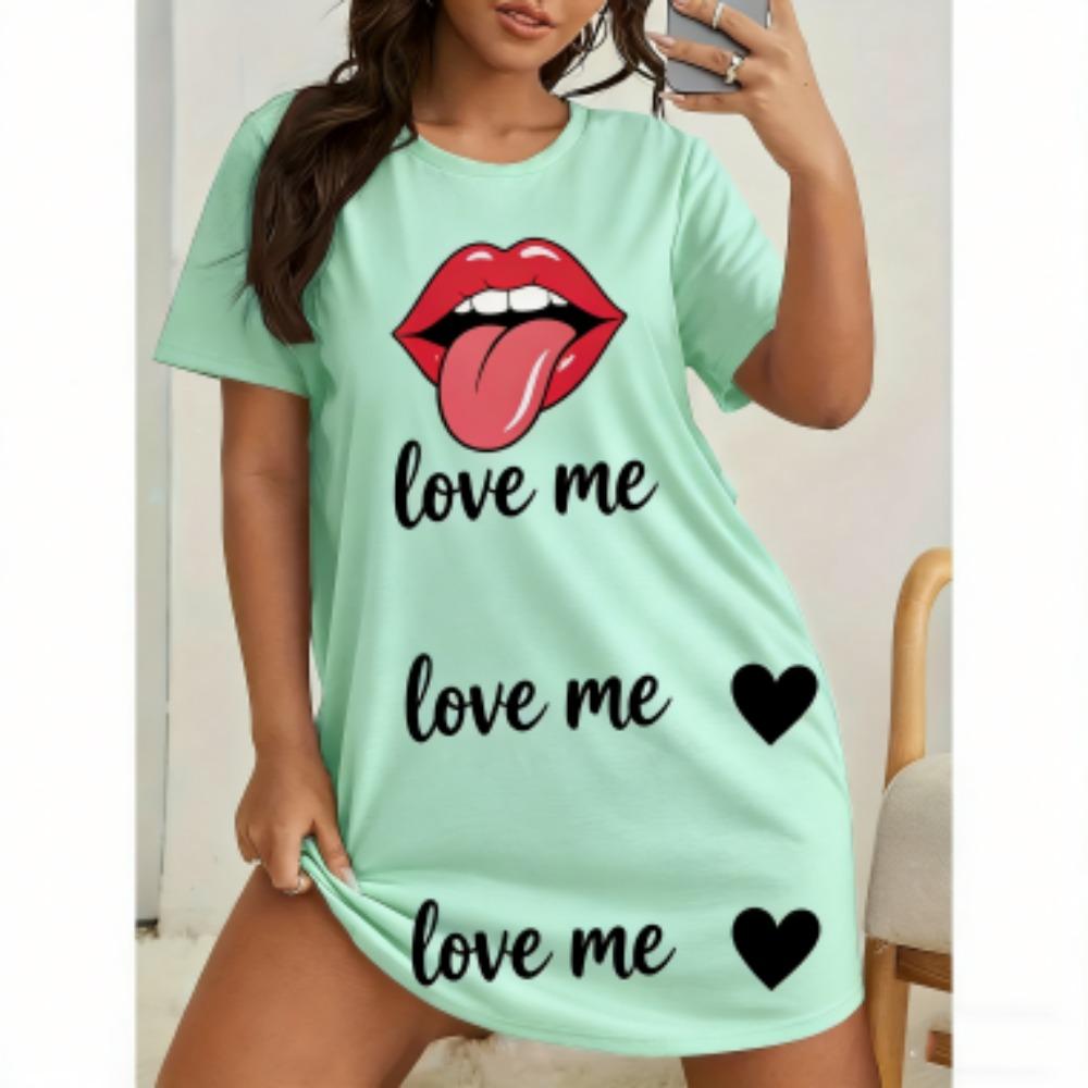 Mode Lippen Zunge Aufdruck Damen Kurzarm Nachtwäsche Kleider Locker Bequeme Passform T-Shirt Nachtwäsche Hauskleidung Nachthemd Loungewear Kleider 6XL