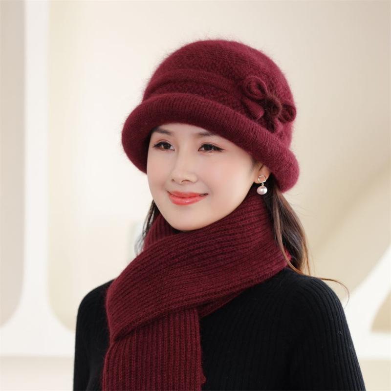 Mütze + Schal + Handschuhe aus dickem Kaninchenhaar-Strickgarn (dreiteiliges Set) Frauen Becken Schal, Hut & Handschuh Sets Mittleren alters Ältere Großmutter one size bordeaux
