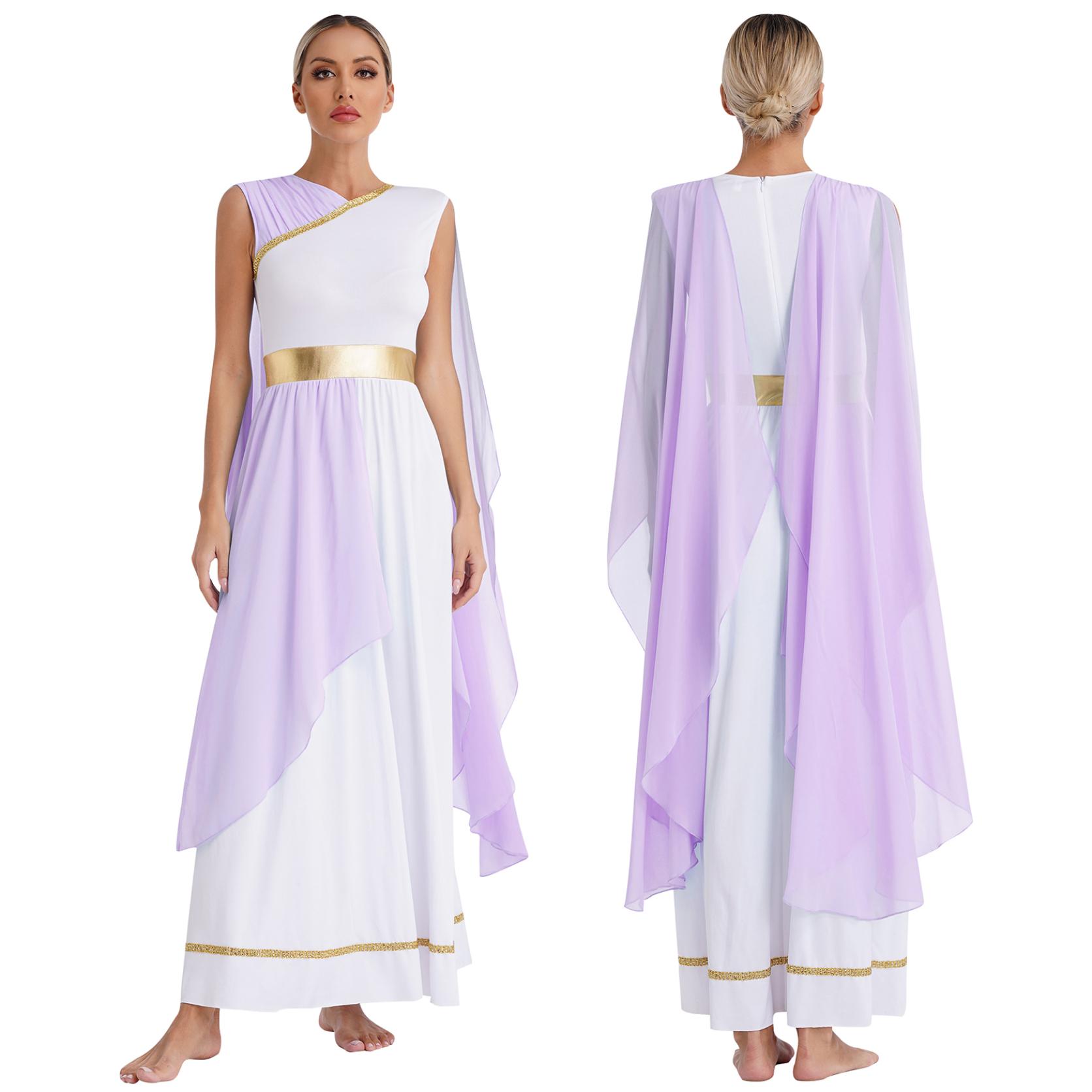 Griechische Beaty Cosplay-Kostüme, Chiffon, Goldbesatz, antike Toga, Griechenland, römische Königin, Anziehparty, Lobpreis, liturgisches Anbetungskleid S lavendel