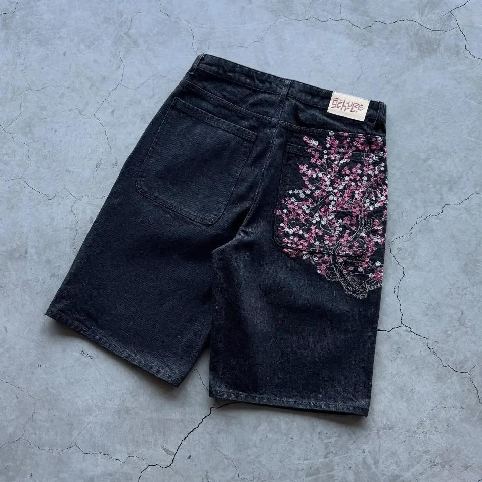 LUXEON Hip Hop Cartoon Muster Tasche Stickerei Jeansshorts Y2k Retro Baggy Dunkelblaue Jeans Kurz Herren Damen Street Skateboard Jorts S schwarz