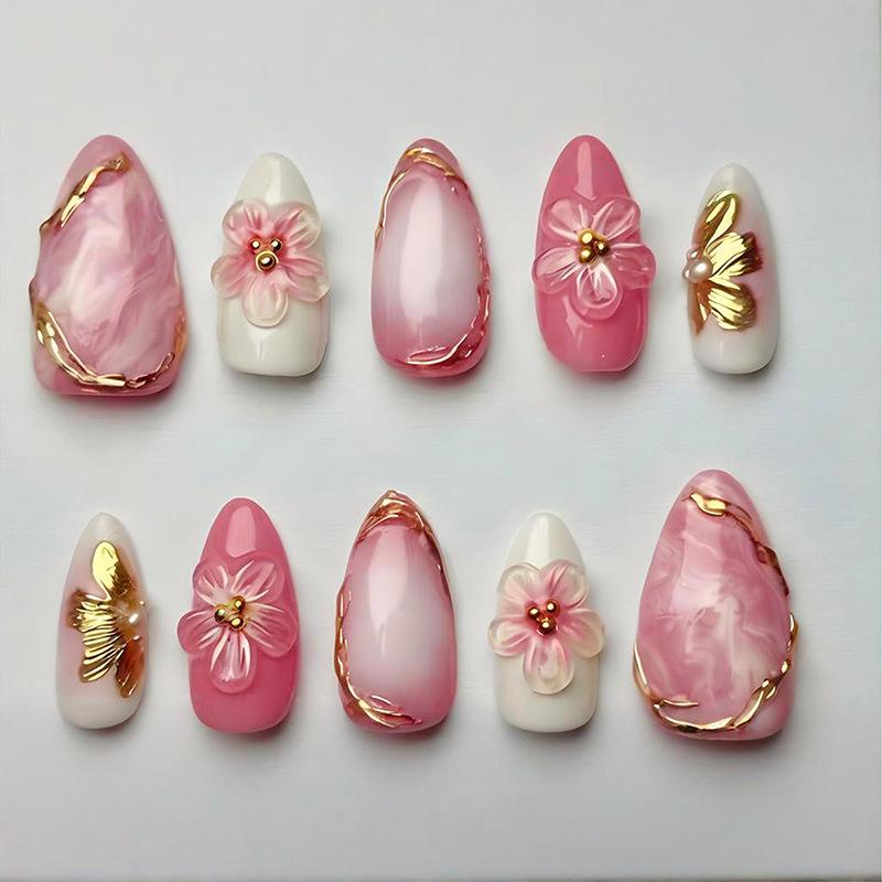 24 Stück Süße Rosa Smudging French Press auf Nägeln Vollabdeckung 3D Blume Seestern Mandel Falsche Nägel für Frauen Mode Schönheit Ins Nagel
