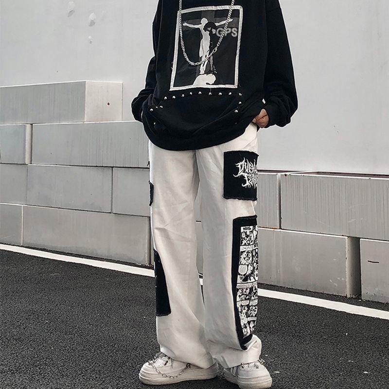 Große Größe Cargo Hosen Männer Frühling Herbst Cartoon Patch Ins Mode Casual Hosen High Street Harajuku Streetwear Männliche Kleidung L weiß